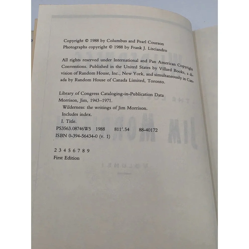 Wilderness The Lost Writings of Jim Morrison Vol 1 First Edition 1988 Hardcover